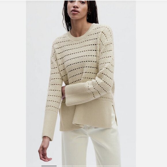 Gap 24/7 Split Hem Crochet Sweater, 100% Cotton, Oatmeal Beige, Size Large - Picture 1 of 7